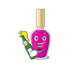 A caricature design style of pink nail polish cheers with a bottle of wine