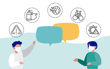 men with icons of coronavirus protection and symptoms