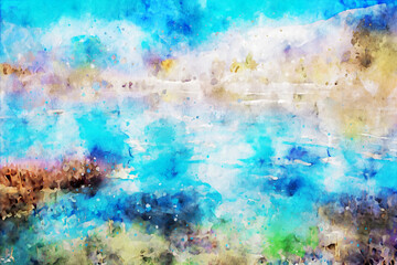 Abstract painting of lake and mountain, nature landscape image, digital watercolor illustration