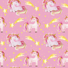 Cute watercolor seamless pattern with unicorn. Nursery unicorns illustration.