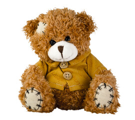 Teddy bear isolated on white background. Soft toy for gift, greeting card, packaging or mock up.