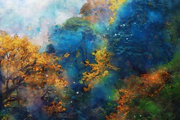 Zelfklevend Fotobehang Abstract schilderij van bomen in het herfstseizoen, natuur in de herfstlandschapsafbeelding, digitale aquarelillustratie, kunst voor achtergrond © pomiti