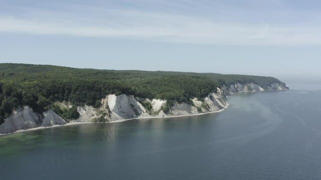 Drone Aerial Shot of the chalk cliffs on Ruegen R&uuml;gen in Germany in beautiful light with green and blue seawater, Europe