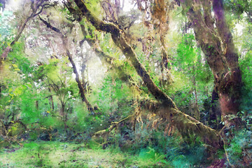 Abstract painting of trees in forest, nature landscape image, digital watercolor illustration, art for background