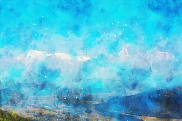 Fotobehang Turkoois Abstract painting of mountains, nature landscape image, digital watercolor illustration, art for background  © Nithid