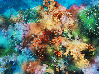 Naklejka na ściany i meble Abstract painting of marine life, underwater landscape image, colorful sea life, digital watercolor illustration
