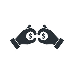 flat vector image on white background, hand icon with binoculars and dollar icon, money search