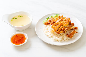 Hainanese chicken rice with fried chicken
