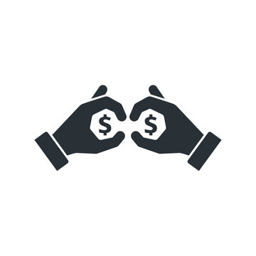 flat vector image on white background, hand icon with binoculars and dollar icon, money search