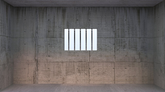 Prison cell with light shining through a barred window -  inside jail barrier, bars-- 3D Rendering