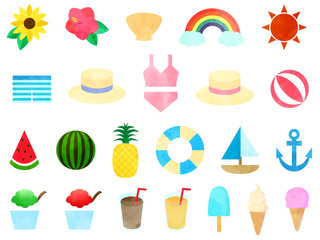 Watercolor texture vector illustrations of summer vacation stuff