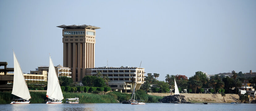 Landscape of Aswan with tourist boats and feluccas. Egypt 
