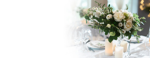 Wedding flower arrangements and decorations. Empty copyspace with white background and space for text. Holiday accessories and backgrounds