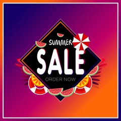 Hello summer vector illustration. Summer sale web banner template. Colorful abstract background with of tropical leaves. Promotion offer. Applicable for flyer, social networks, poster. in eps 10