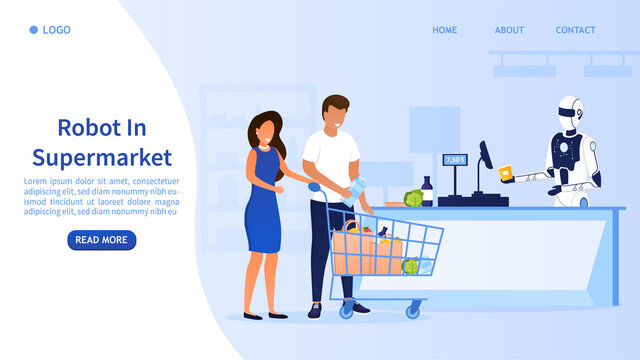 Futuristic robot salesman in a supermarket. Young attractive couple buys food. Robot assistant serves at the checkout. Artificial Intelligence Technology Perfect for landing or web Vector Illustration
