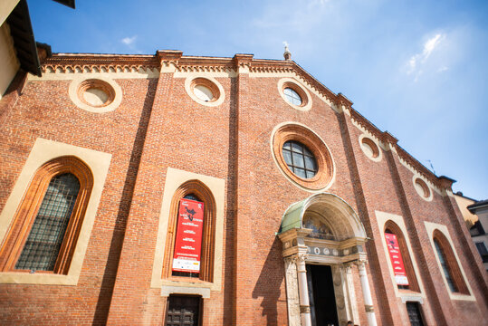 Milan. Italy - May 22, 2019: Facade of Church Santa Maria delle Grazie (Milan, Italy). The Home of "The Last Supper".