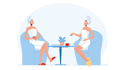 Women Wearing Bathrobe And Towel On Head Vector