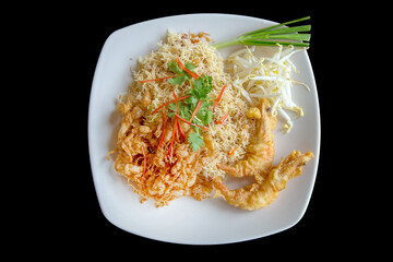 A dish of Mixed Crispy Rice Noodle (Mee Grob Srong Kreung) with fried shrimp.