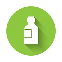 White Bottle of medicine syrup icon isolated with long shadow. Green circle button. Vector Illustration.