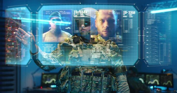Soldier checking interactive holographic map
