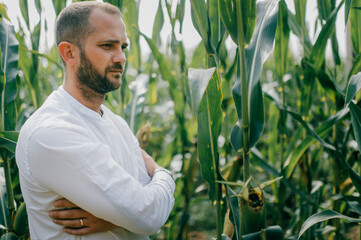 Portrait of beautiful caucasian man with short dark hair in white shirt, blue jeans relaxes in the big cornfield and thinks about something important