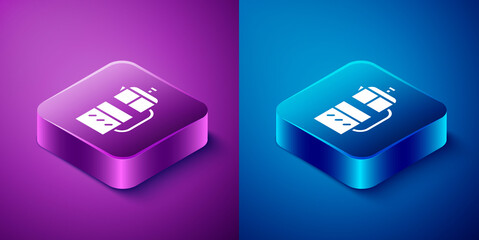 Isometric French press icon isolated on blue and purple background. Square button. Vector Illustration.