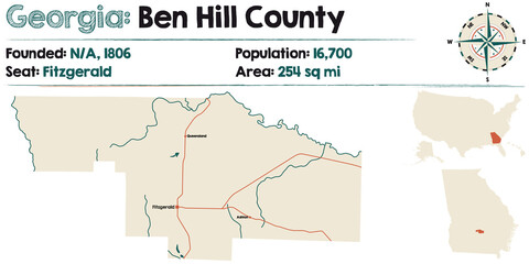 Fototapeta premium Large and detailed map of Ben Hill county in Georgia, USA.
