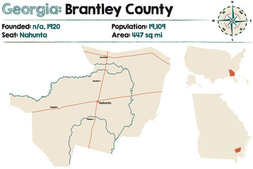 Large and detailed map of Brantley county in Georgia, USA.