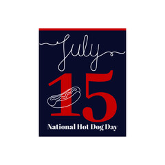 Calendar sheet, vector illustration on the theme of National Hot Dog Day on July 15. Decorated with a handwritten inscription JULY and outline Hot Dog.