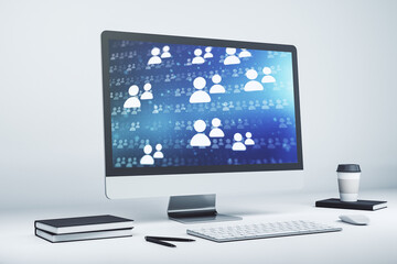 Modern computer display with social network icons concept. Networking concept. 3D Rendering