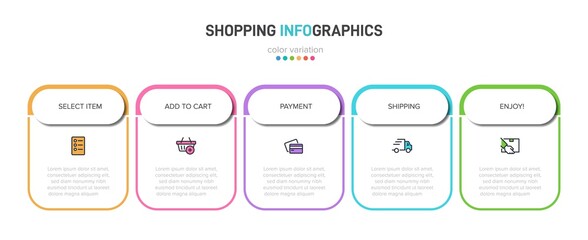 Concept of shopping process with 5 successive steps. Five colorful graphic elements. Timeline design for brochure, presentation, web site. Infographic design layout.