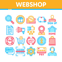Webshop Internet Store Collection Icons Set Vector. Webshop Online Shop Coupon And Buy, Chat And Faq, Information And Pay Concept Linear Pictograms. Color Illustrations