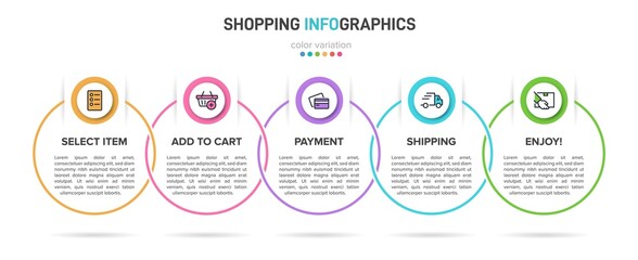 Concept of shopping process with 5 successive steps. Five colorful graphic elements. Timeline design for brochure, presentation, web site. Infographic design layout.
