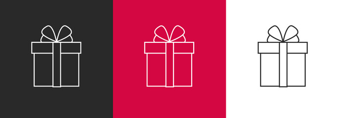 Set of gift box line icon pictogram on different backdrop of black, red and white, simple linear graphic