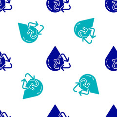 Blue Recycle clean aqua icon isolated seamless pattern on white background. Drop of water with sign recycling. Vector Illustration.