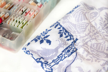 A close up of a cross stitch embroidery. Cross-stitch ornament