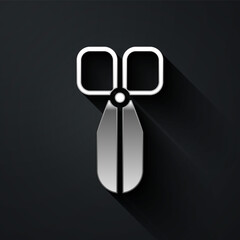 Silver Scissors icon isolated on black background. Cutting tool sign. Long shadow style. Vector Illustration.