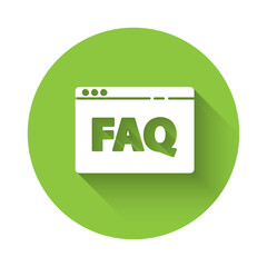 White Browser FAQ icon isolated with long shadow. Internet communication protocol. Green circle button. Vector Illustration.