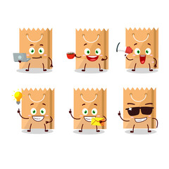 Grocery bag cartoon character with various types of business emoticons