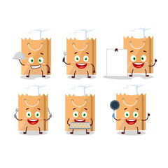 Cartoon character of grocery bag with various chef emoticons