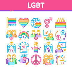 Fototapeta na wymiar Lgbt Homosexual Gay Collection Icons Set Vector. Lgbt Community And Flag, Unicorn And Rainbow, Love Freedom And Marriage Concept Linear Pictograms. Color Illustrations