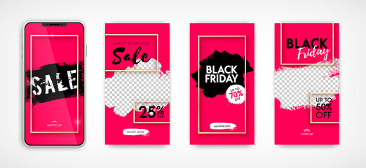 Black Friday Sale abstract red banner background set on smartphone screen. Vector illustration design template for flyer, poster, shopping, discount, web, social media stories, ads