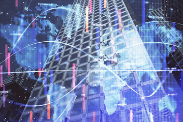 Double exposure of business theme hologram drawing and city veiw background. Concept of success.