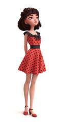 Romantic brunette young woman with big brown eyes. Beautiful cute cartoon fashion valentines girl in red dress with black polka dots holding hands behind her back. 3d render isolated on white backdrop