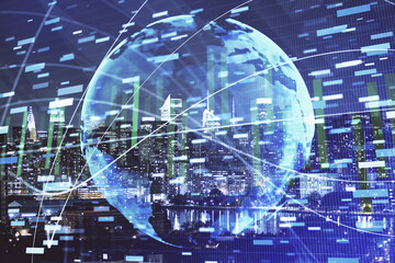 Double exposure of business theme hologram drawing and city veiw background. Concept of success.