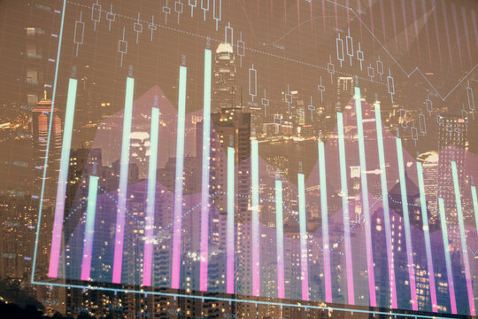 Double exposure of forex chart drawings over cityscape background. Concept of success. © peshkova