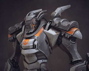 Mech samurai warrior with big pauldrons. Futuristic robot with white gray color scratched metal. Sci-fi Mech Battle with heavy armor. Big robot mech with orange paint. 3D rendering on dark background. - obrazy, fototapety, plakaty
