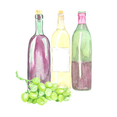 Watercolor composition with a bottle of white and red wine. Ideal for printing, textile, web design, scrapbooking and other creative ideas.