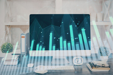 Forex graph hologram on table with computer background. Double exposure. Concept of financial markets.