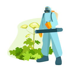 A man with a spray gun in a protective suit on a background of a hogweed plant. Herbicide treatment. Vector illustration.